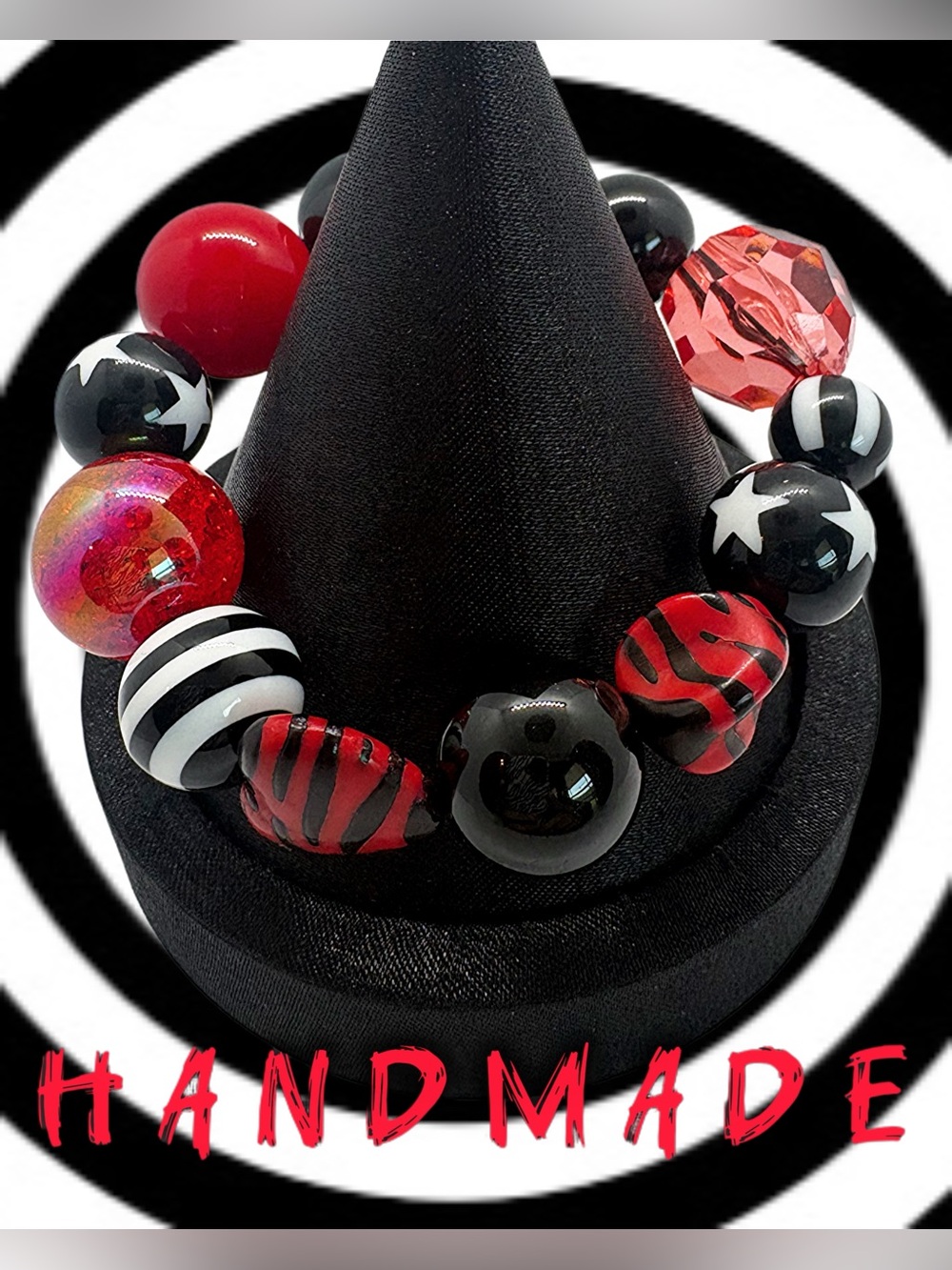 Handmade “Vampire Rock Concert” Black + Red Chunky Beaded Stretch Bracelet